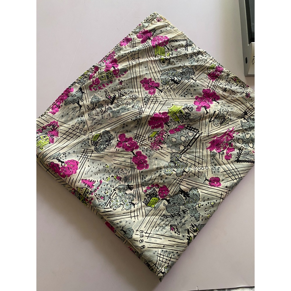 Vintage Village Landscape Square Scarf Pink Green Novelty Print‎ 27x27 MCM Retro